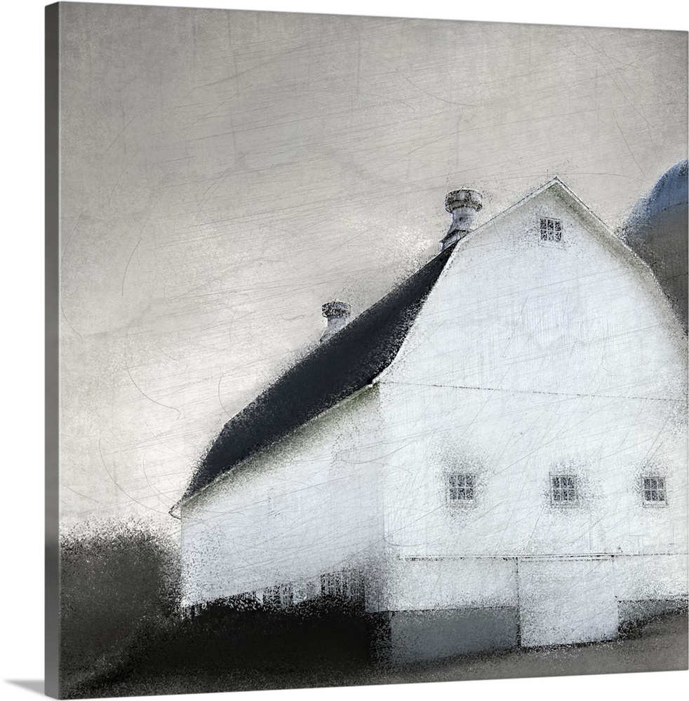 An image in shades of gray of a barn with trees behind it and a gray sky with a textured overlay.