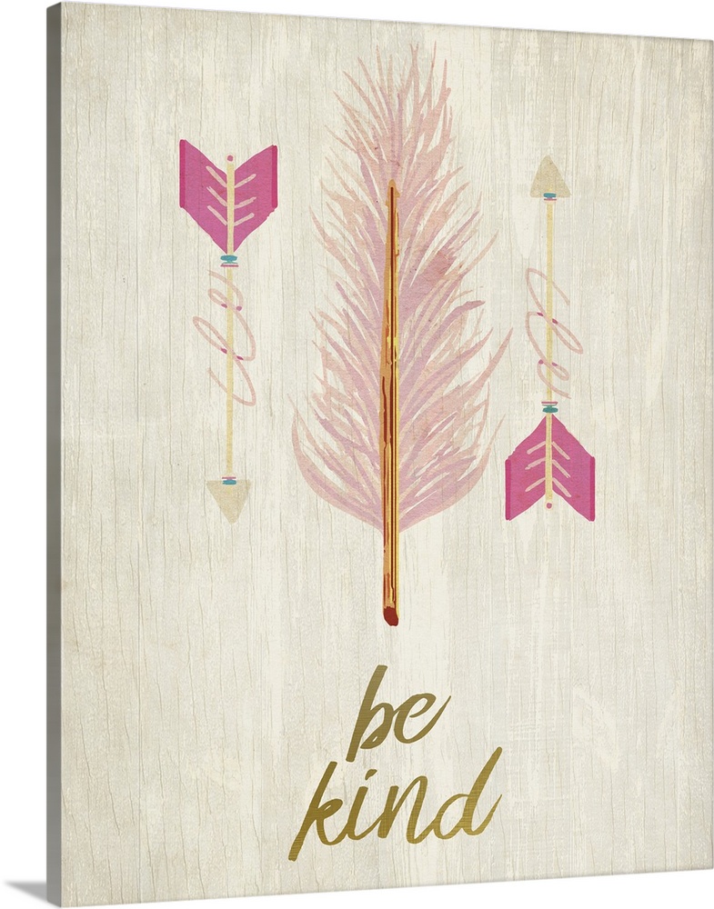 A pink feather with pink arrows over the words "Be Kind."