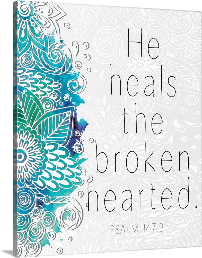 Bible verse Psalm 147:3 with a blue floral design.