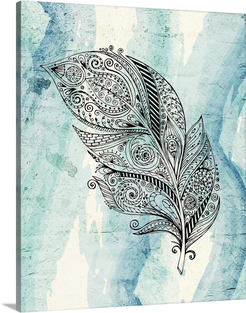 A henna style feather placed on a blue scale watercolor background.