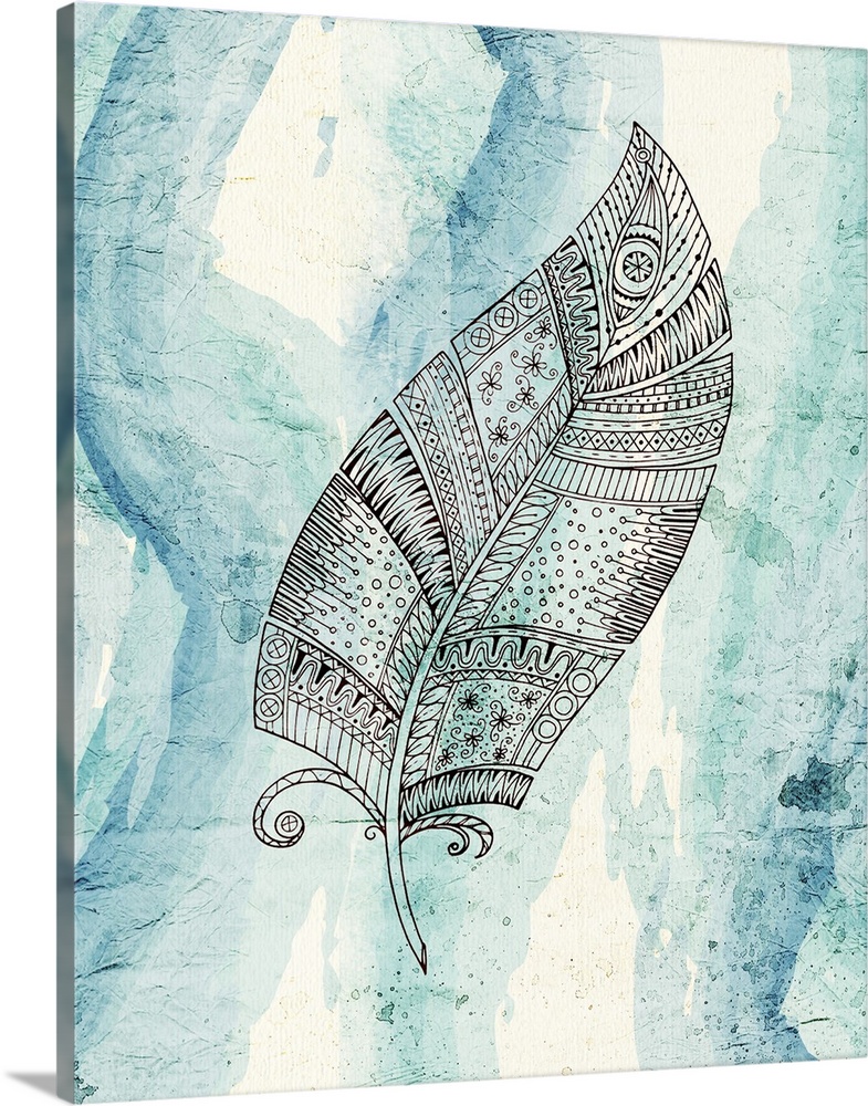 A henna style feather placed on a blue scale watercolor background.