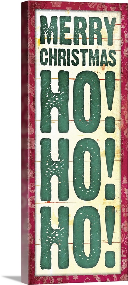 Vertical Christmas typography art in deep green with a red edge.