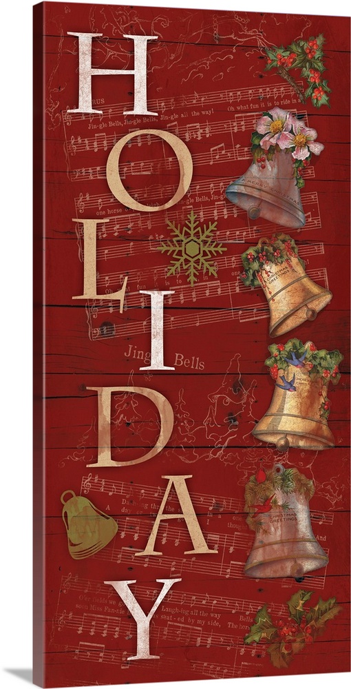 Vertically oriented artwork of the word "Holiday" spelled vertically with Christmas bells the right.
