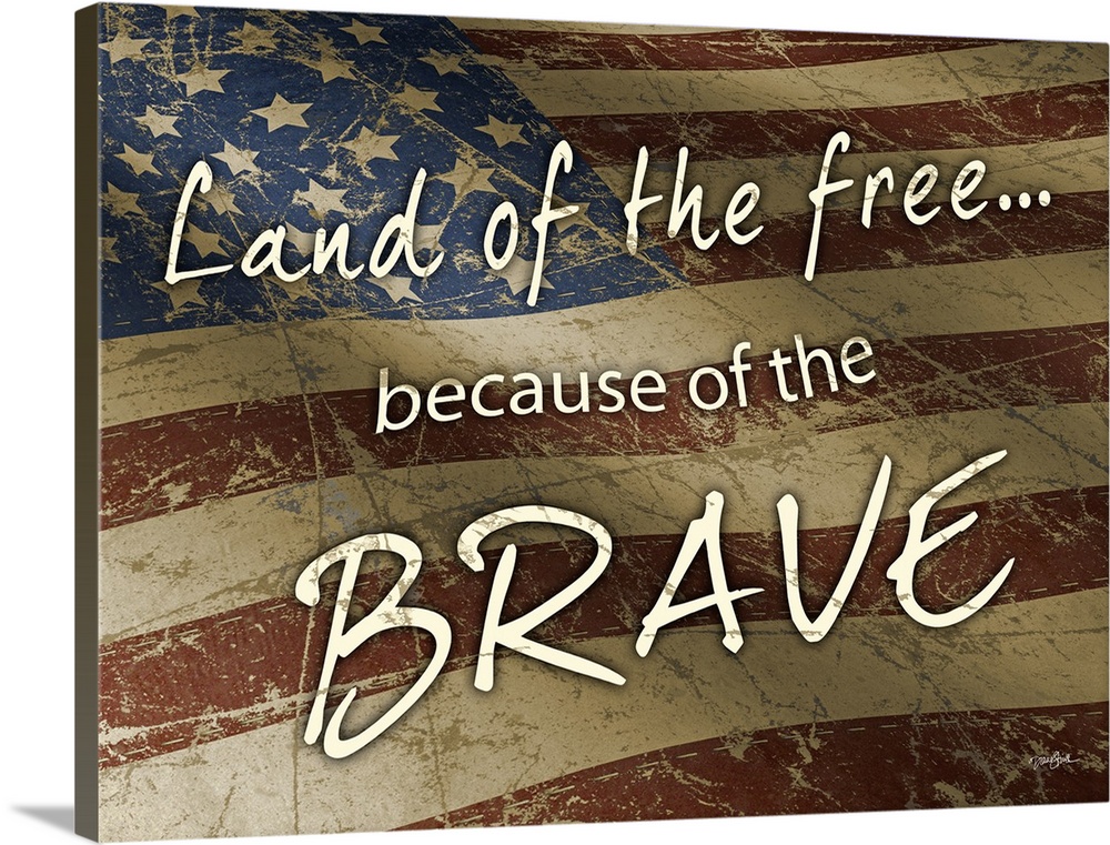 "Land of the Free Because of the Brave" on a rustic waving American flag.