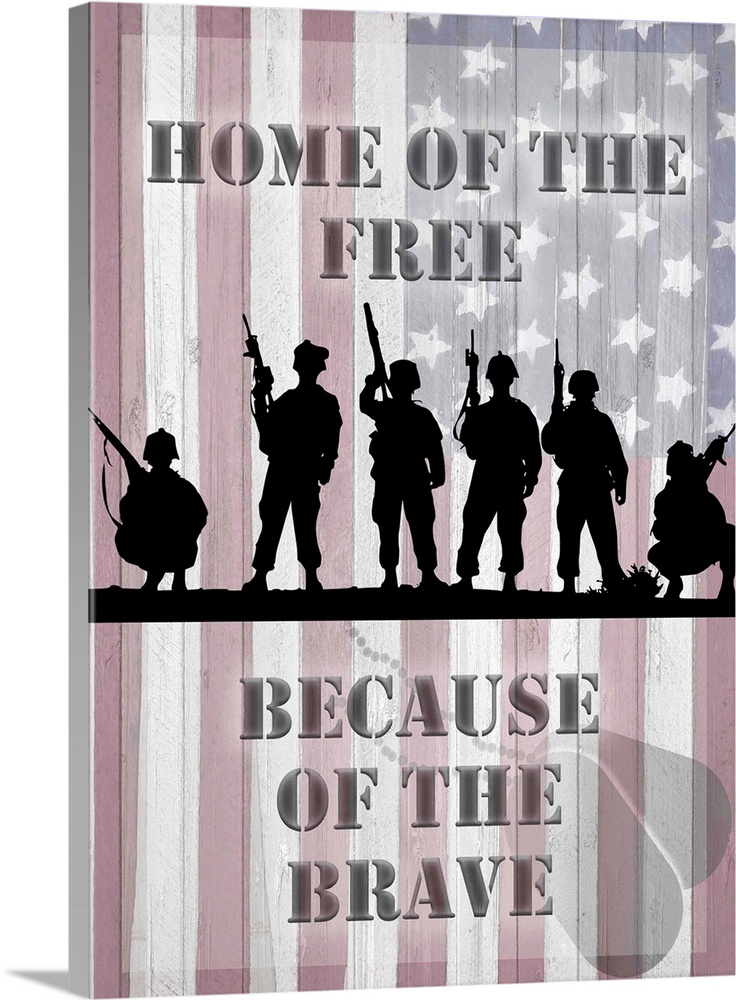 A silhouetted row of soldiers over an image of the American Flag.