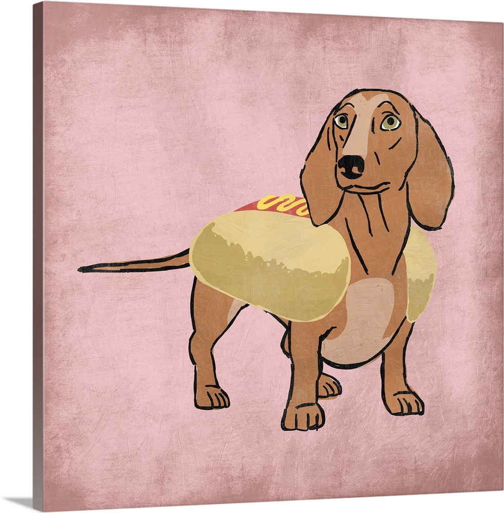 A painting of a doxen wearing a hot dog costume.