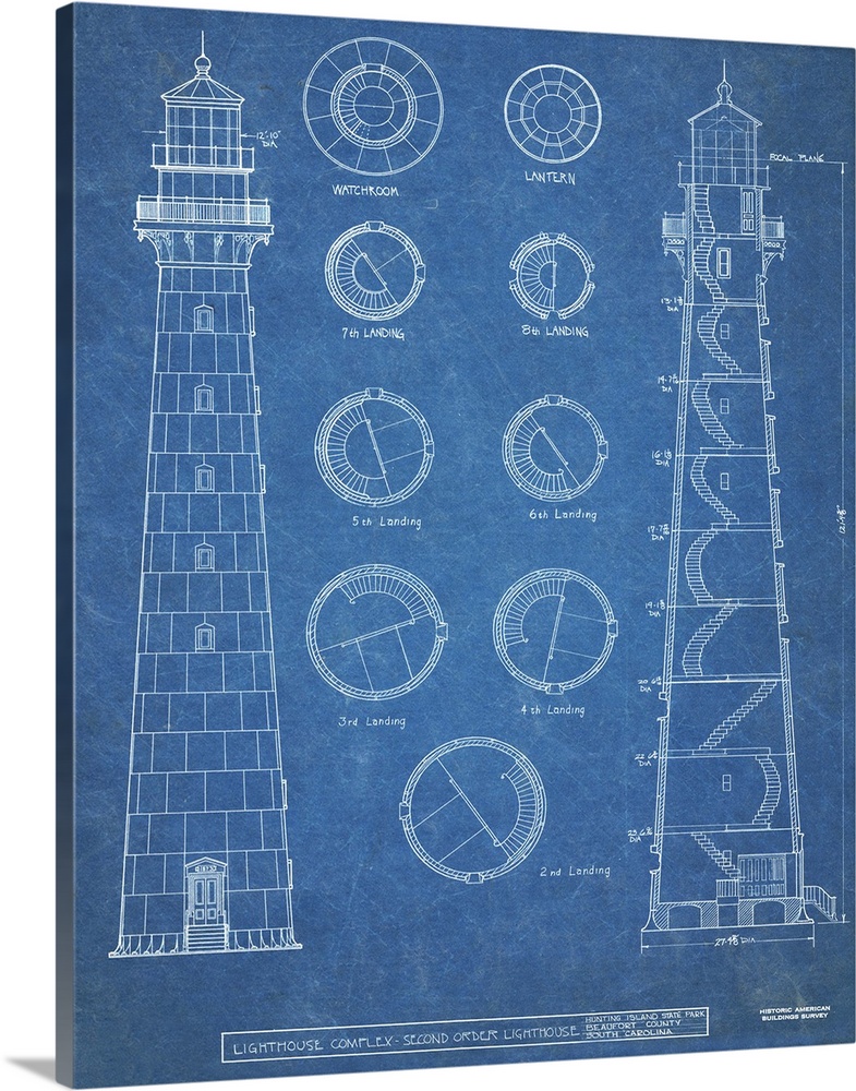 Contemporary artwork in technical blueprint style of Hunting Island lighthouse.