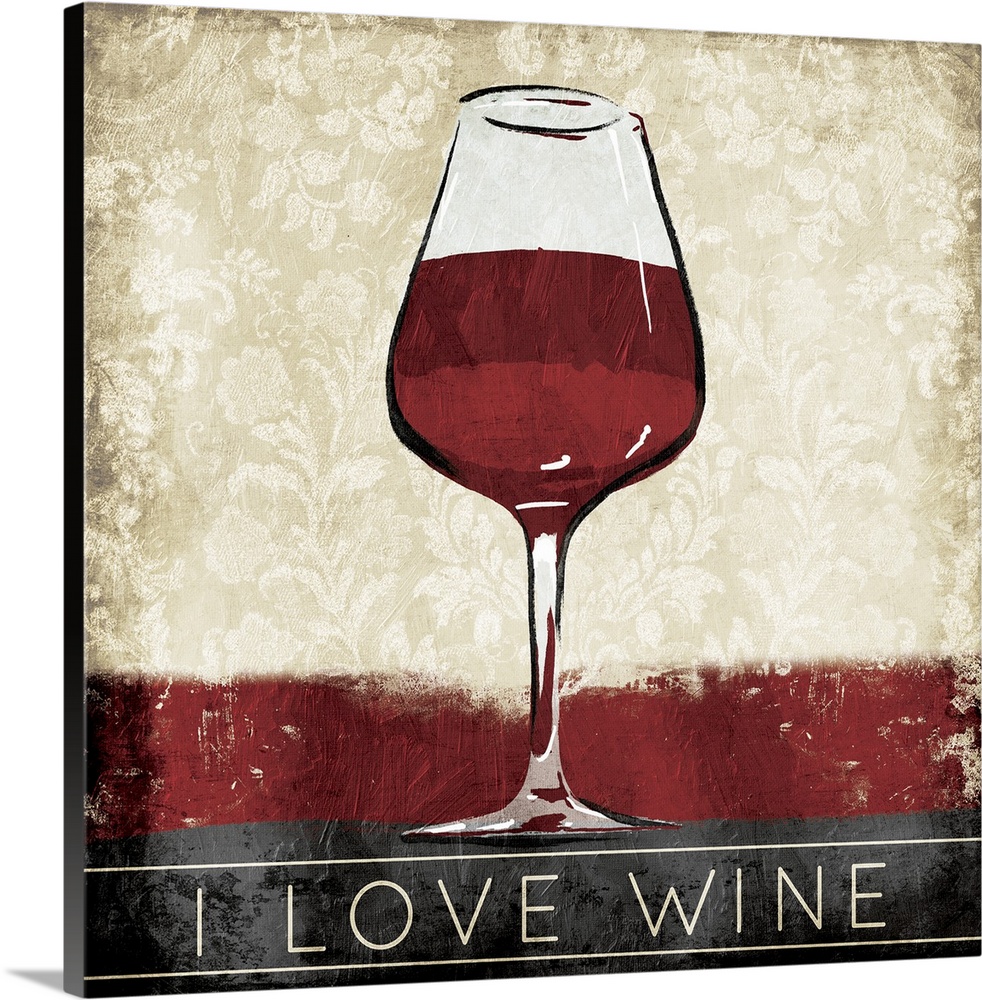 A painting of a red wine glass with a decorative background and the phrase "I Love Wine" at the bottom.