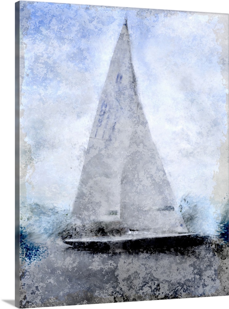 Contemporary artwork of a sailboat with a tall sharp sail sitting in a harbor with an overall smokey appearance.