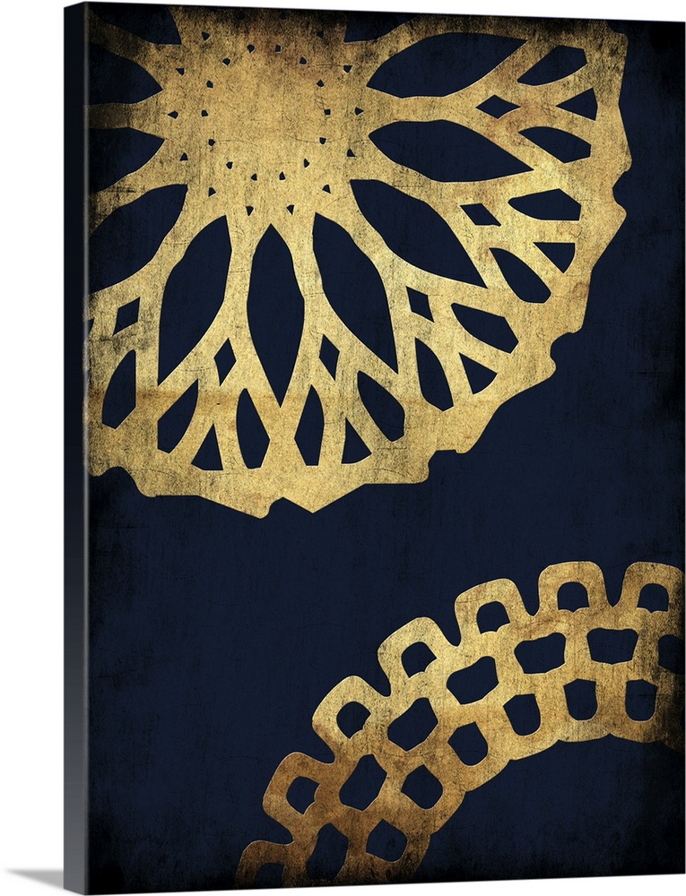 Gold mandala patterns on navy blue.