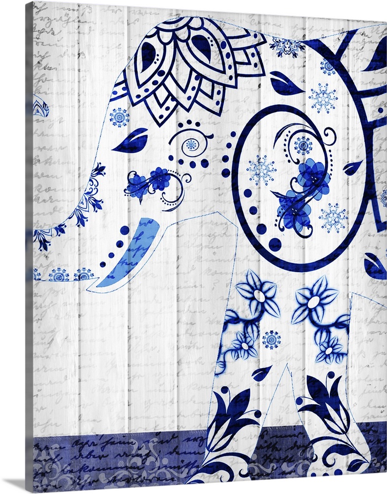 An elephant with a beautiful blue floral design pattern on a white wood panel background with faint handwriting.