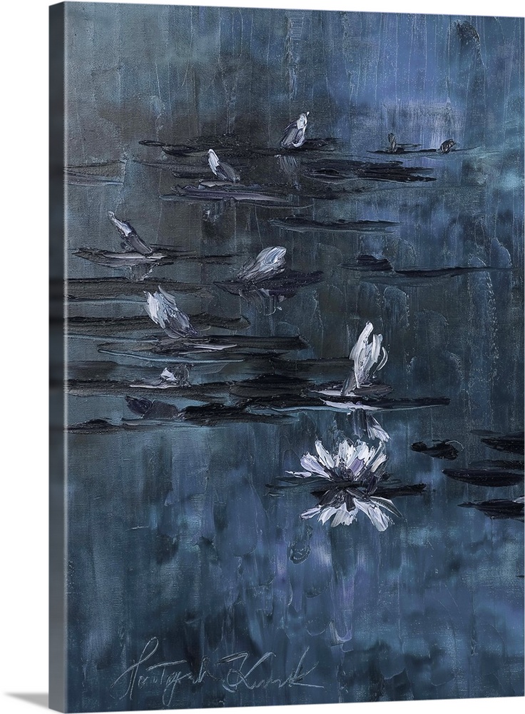 Contemporary painting of waterlilies in a dark blue pond.