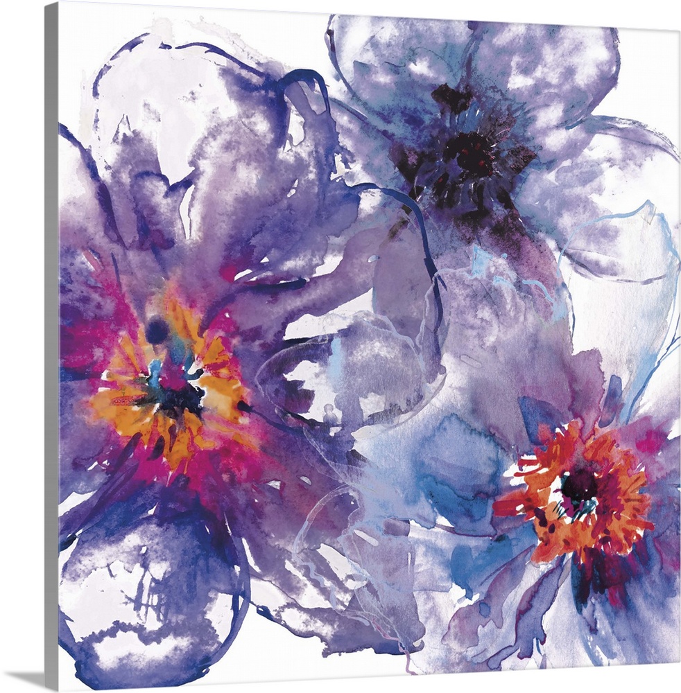 Contemporary home decor artwork of purple abstract flowers.