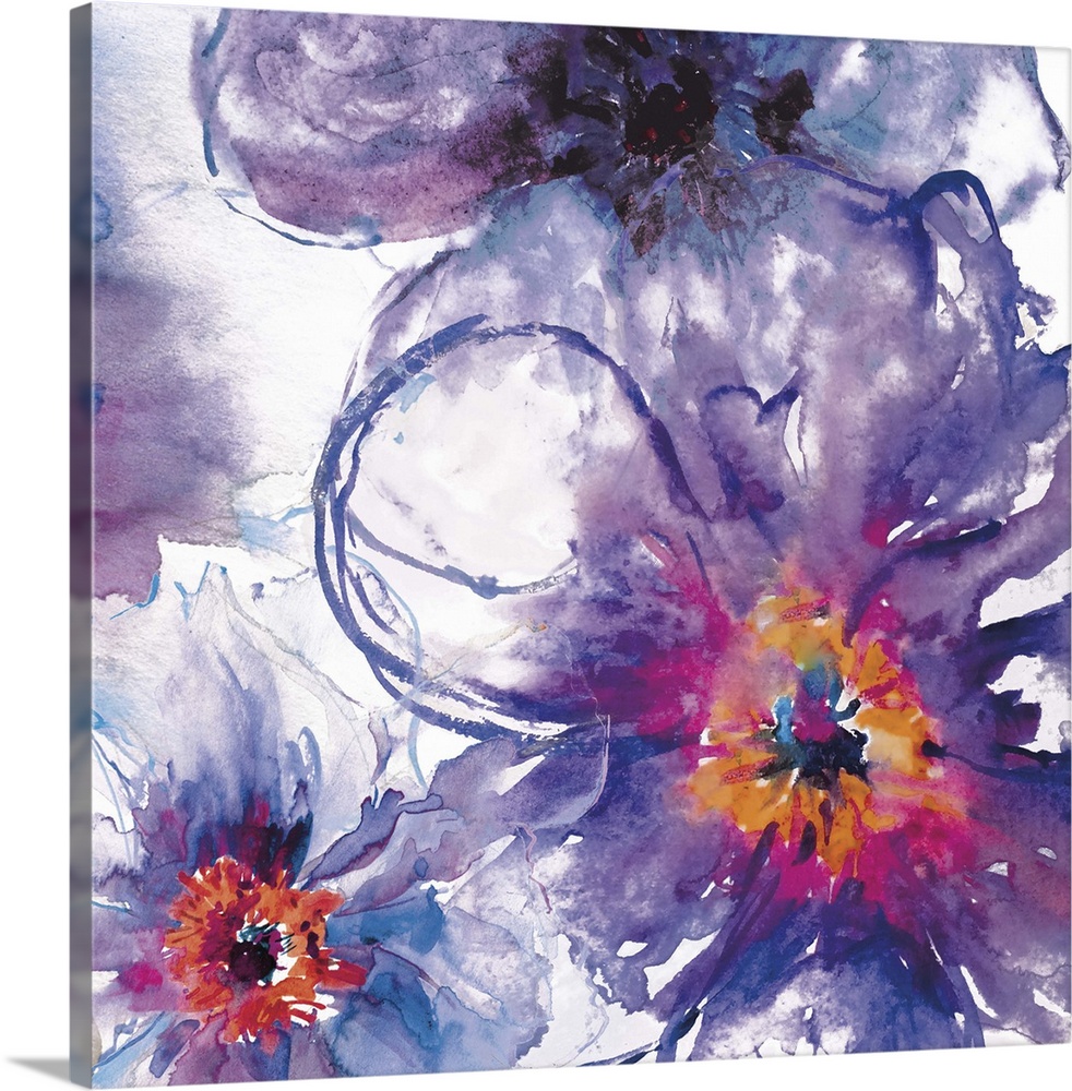 Contemporary home decor artwork of purple abstract flowers.