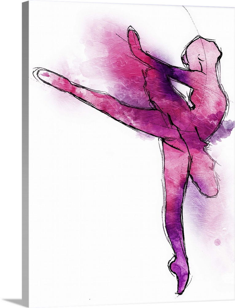 A black outline of a ballerina in motion painted with pink and purple hues on a white background.