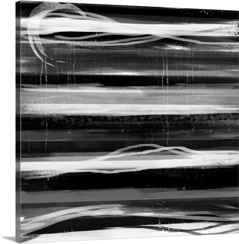 Abstract contemporary painting of heavy dark streaks moving horizontally along the canvas.