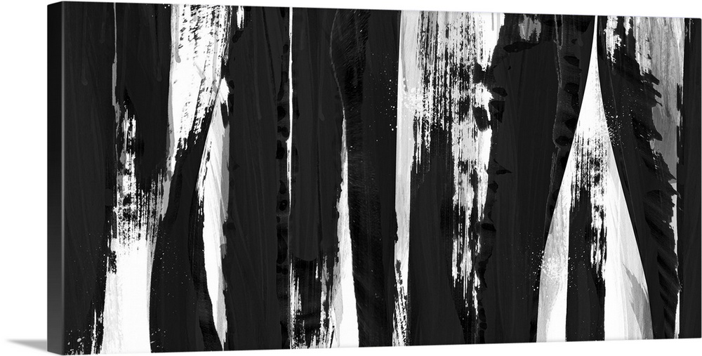Abstract contemporary painting of heavy dark streaks moving vertically along the canvas.