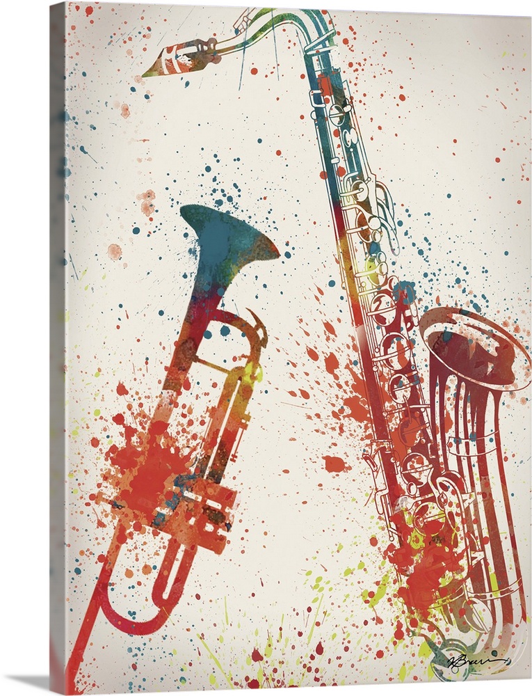 A trumpet and saxophone in brightly colored paint splatters.