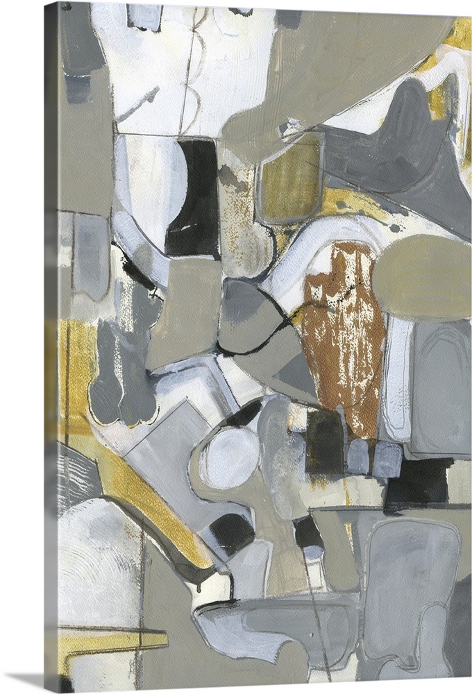 Abstract contemporary painting in shades of grey and brown, contrasting with pops of white.