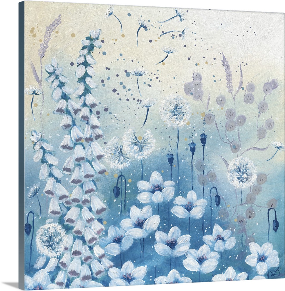 Contemporary artwork of several white dandelions and bluebells on a pastel blue background.