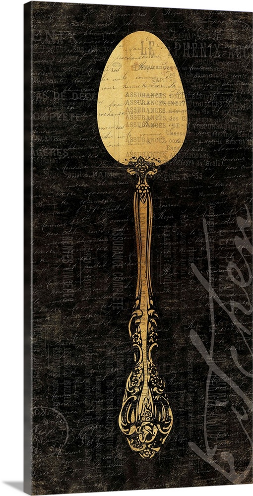 artwork of decorative antique kitchen spoon against dark textured background.