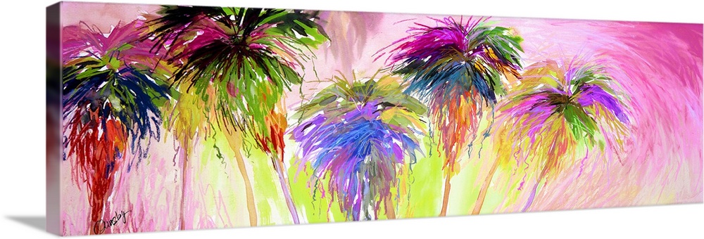 Contemporary piece of art of a group of tall palm trees. In a modern textured style.
