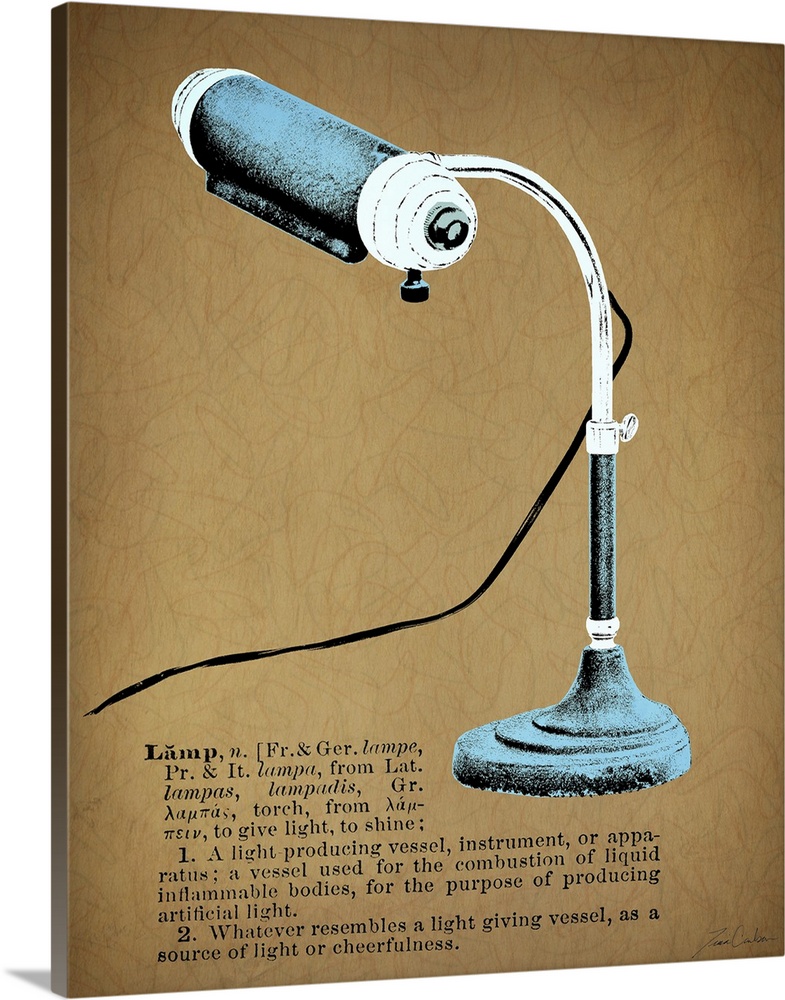 Retro-style illustration of a desk lamp with the dictionary definition below the image.