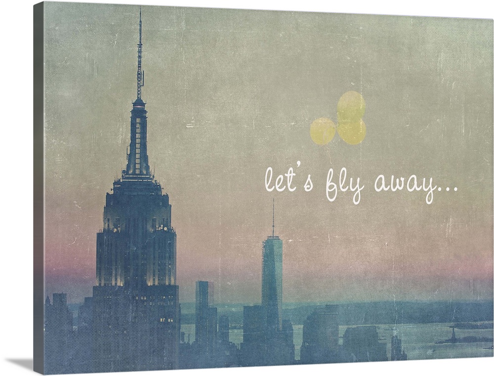 Artistically filtered photograph of the Empire state building in NYC, with yellow balloons floating in the air.