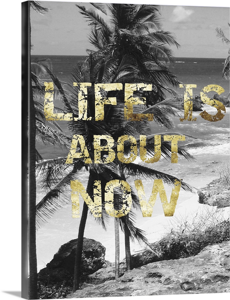 "Life is about now" written on top of a black and white photo of a beach scene with palm trees.