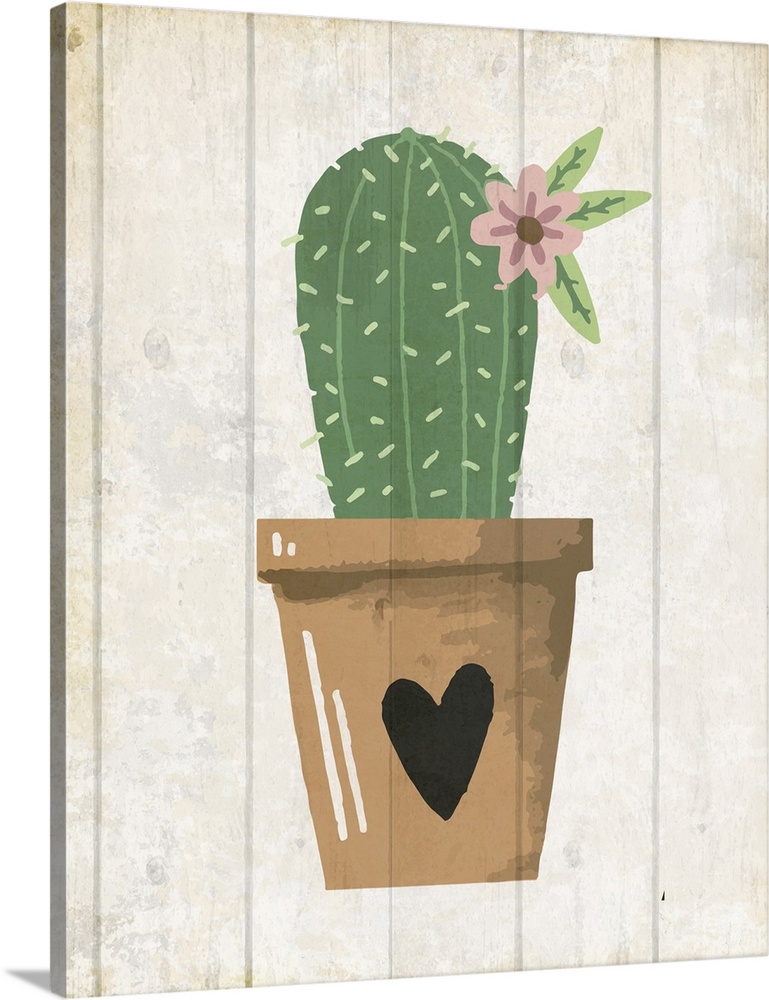 A painting of a cactus with a flower in a clay pot with a heart painted on it placed on a wooden background.