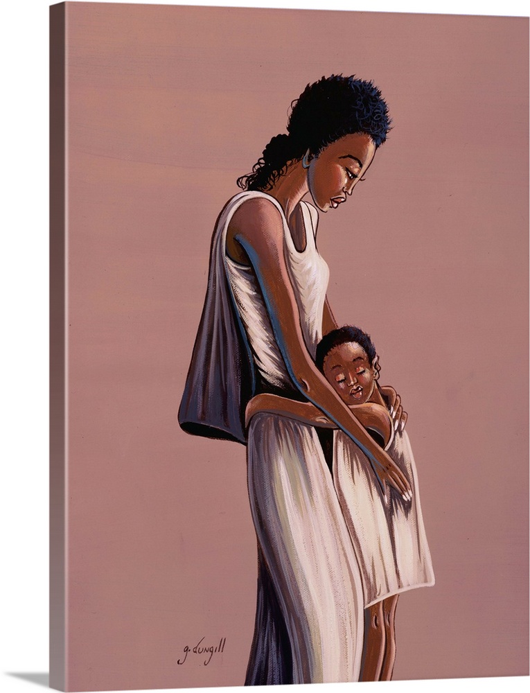 Contemporary African painting of a mother holding her child close.