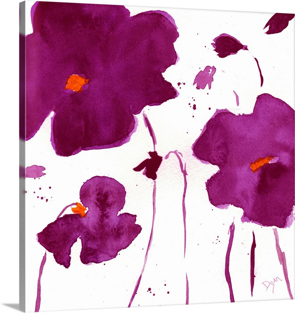 Watercolor painting of dark purple flowers on a white surface.