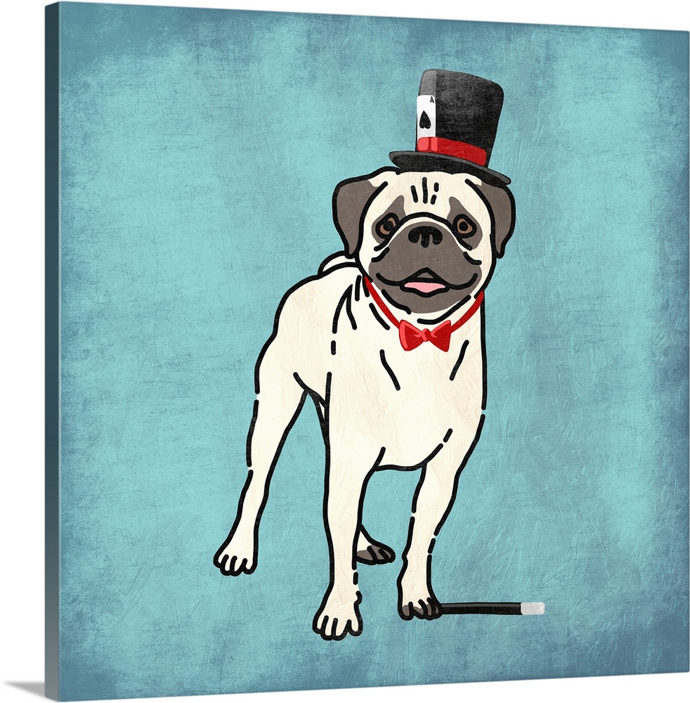 A painting of a pug dressed as a magician.