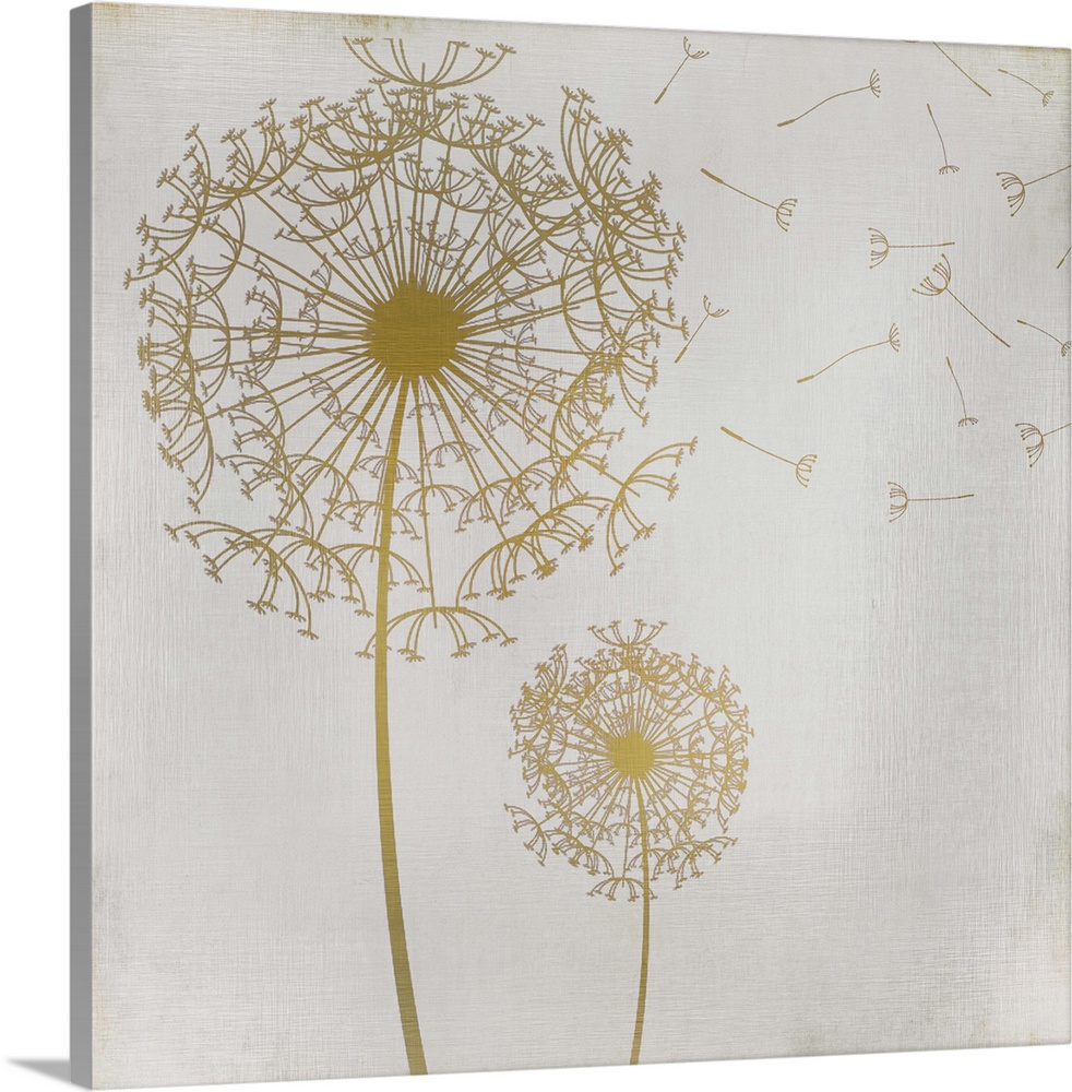 Two gold dandelions on a faint lined textured background.
