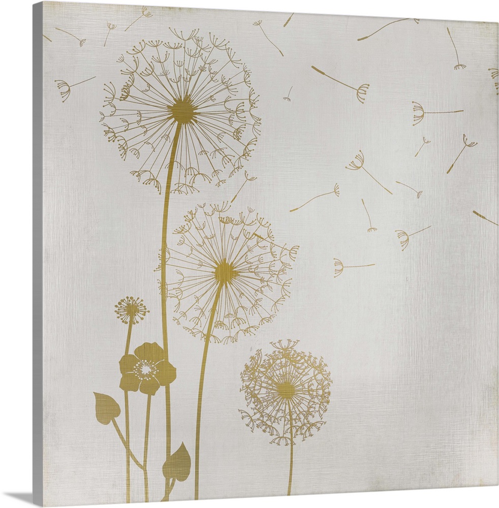 Gold dandelions and a flower on a faint lined textured background.