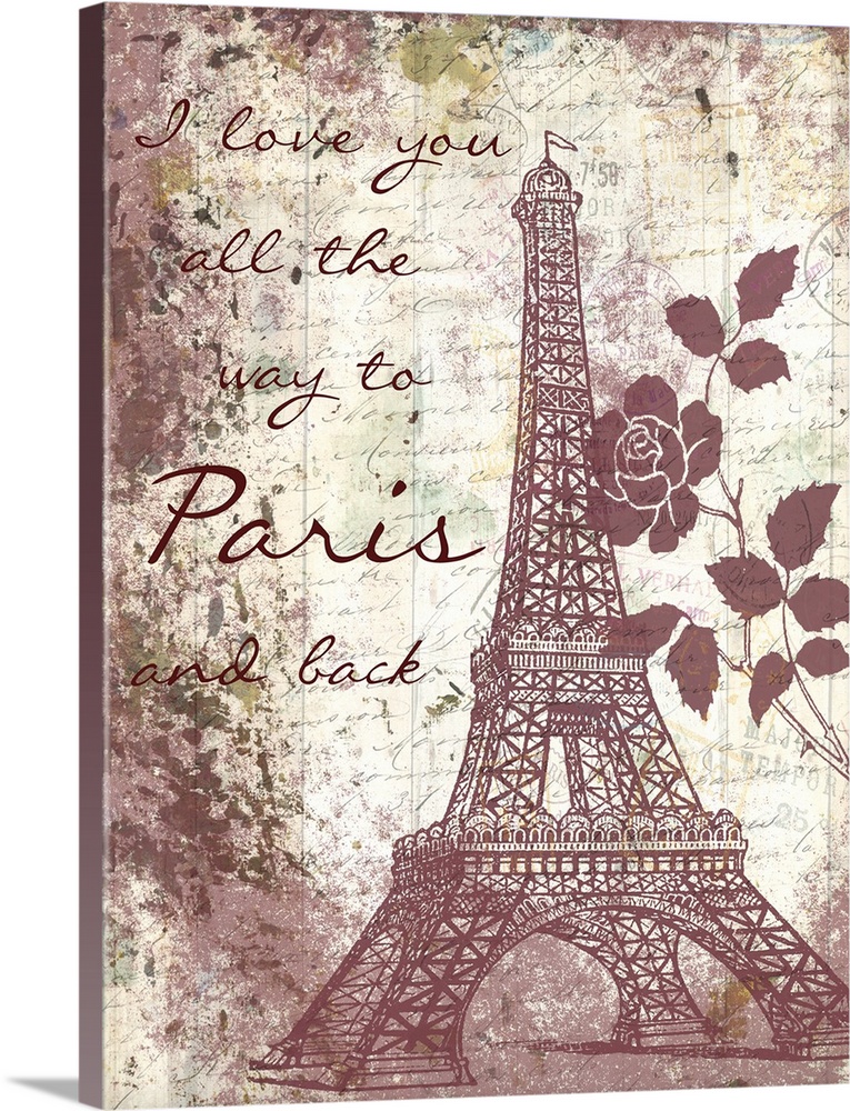 Artwork of the Eiffel tower and flowers in a pale vintage red against a weathered paper texture with writing.