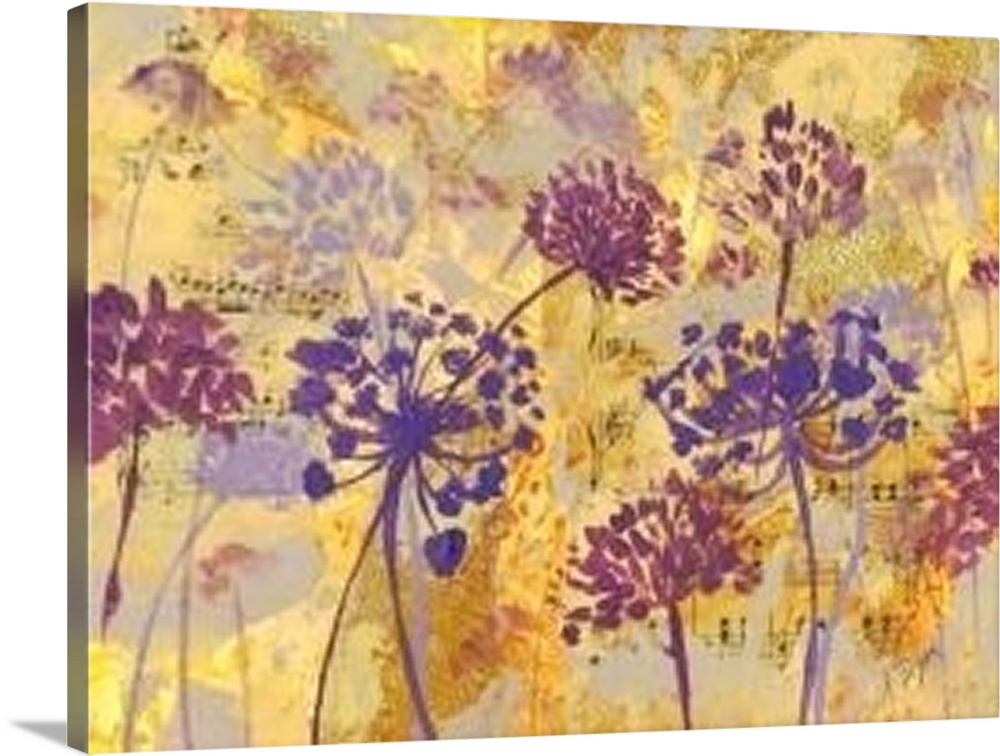 Contemporary artwork of silhouetted flowers in different colors, against a multi-layered textured background.