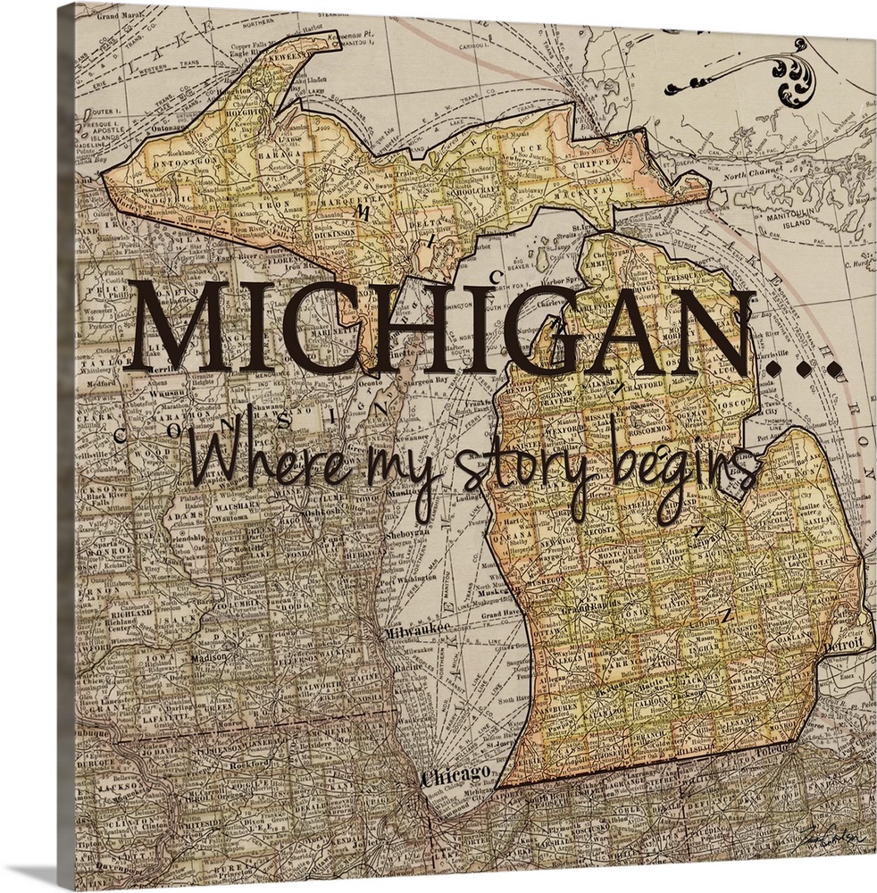 Black text over a map of the state of Michigan.