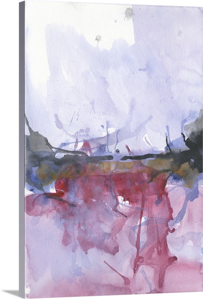 Abstract watercolor painting in pink and lavender with bright splashes of paint.