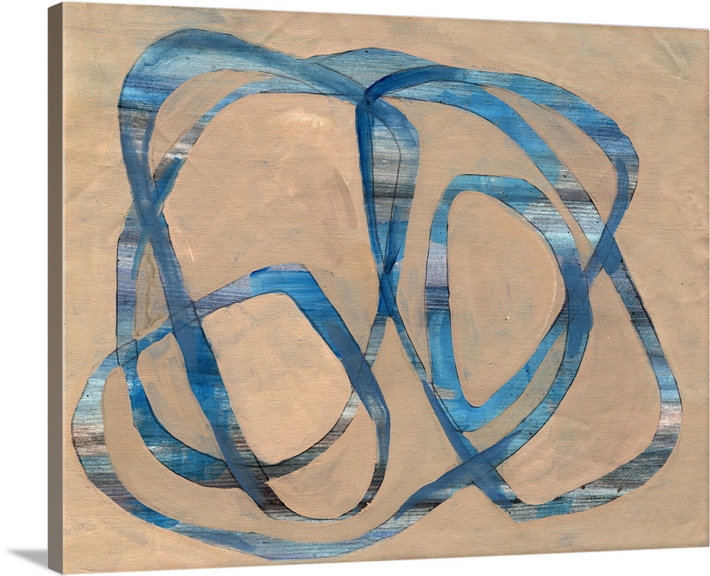 Contemporary abstract painting of blue swirling lines on a neutral background.