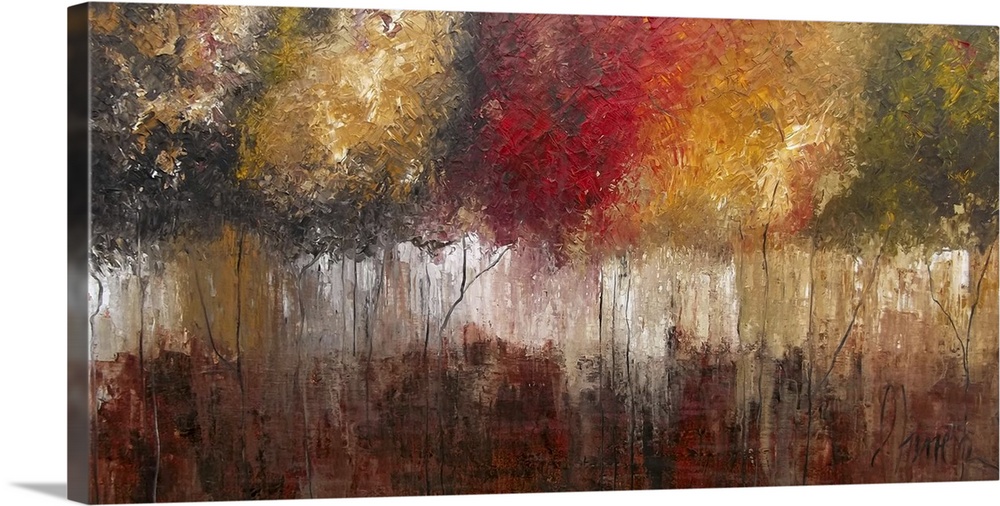 Contemporary abstract painting using vibrant warm tones to create what resembles a line of trees in autumn foliage.
