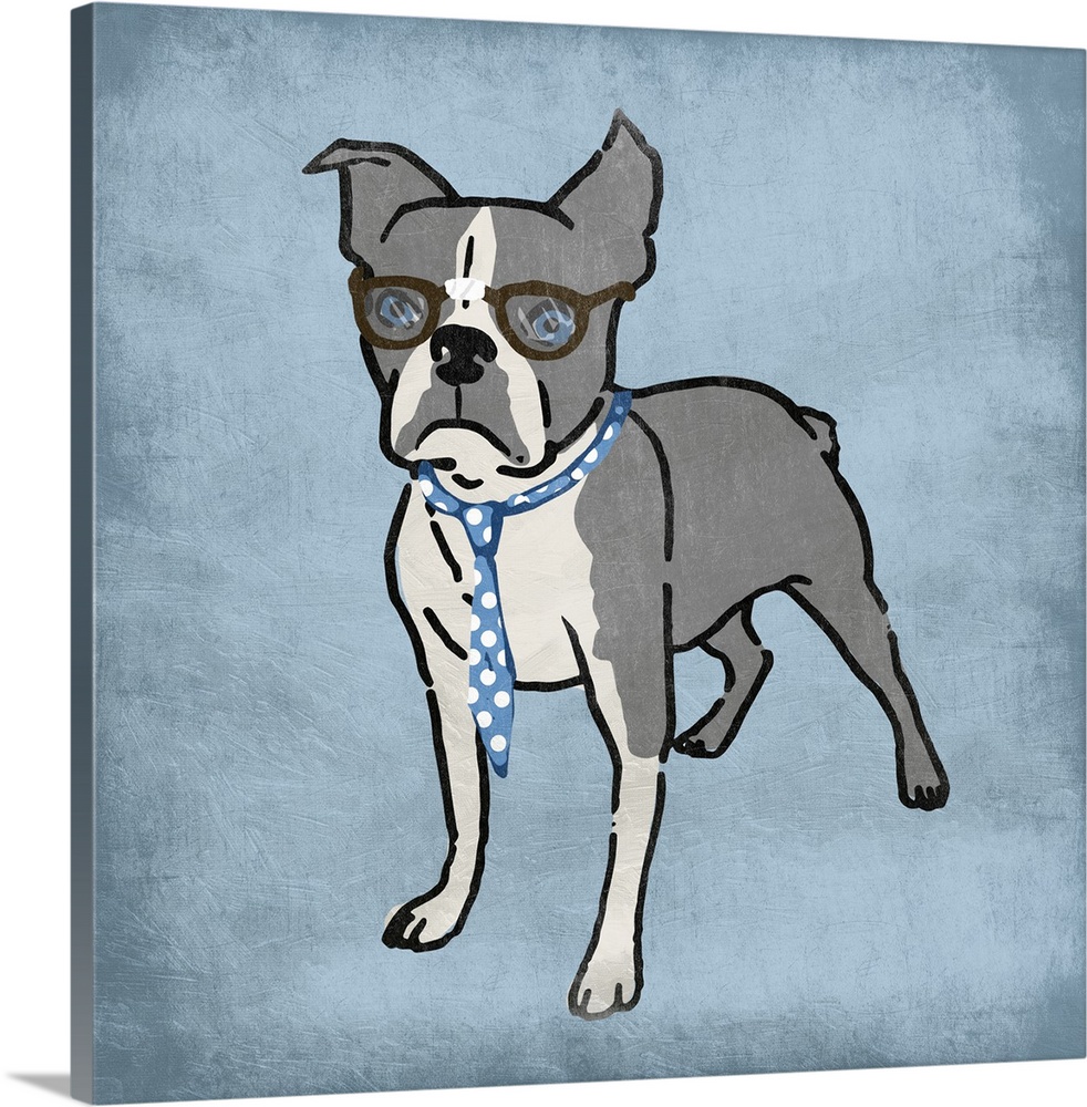 A painting of a terrier wearing a blue and white polka dot tie and glasses that are taped in the middle.