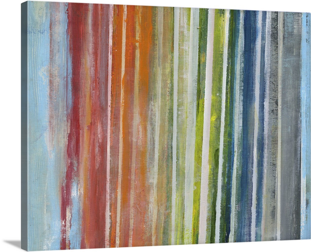 Contemporary abstract artwork of vertical lines in a rainbow gradient.