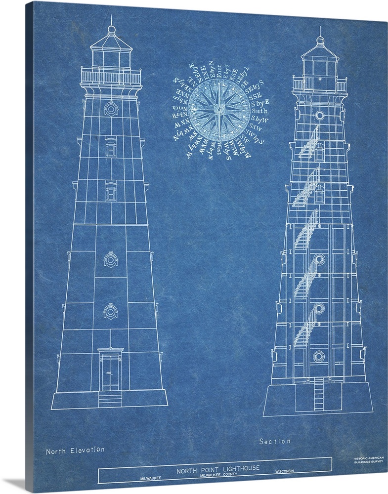 Contemporary artwork in technical blueprint style of North Hope lighthouse.