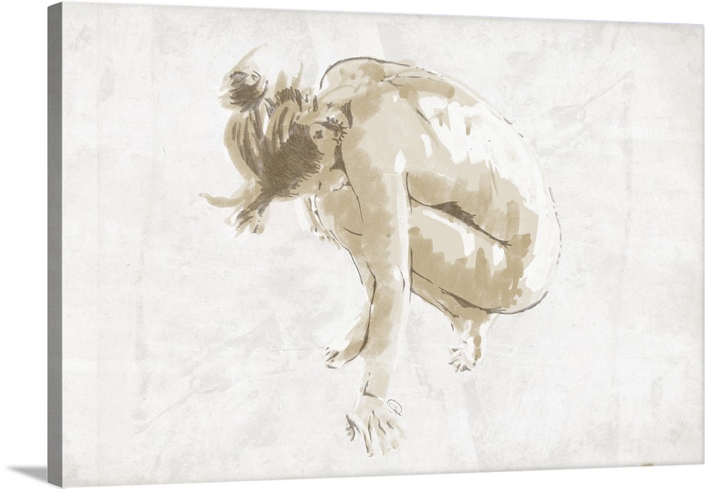 Illustration of female nude in crouched position with knees against chest, with palms on the ground.