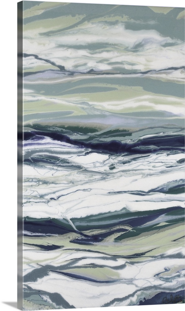 A cool toned, marble-like abstract painting that represents the ocean.