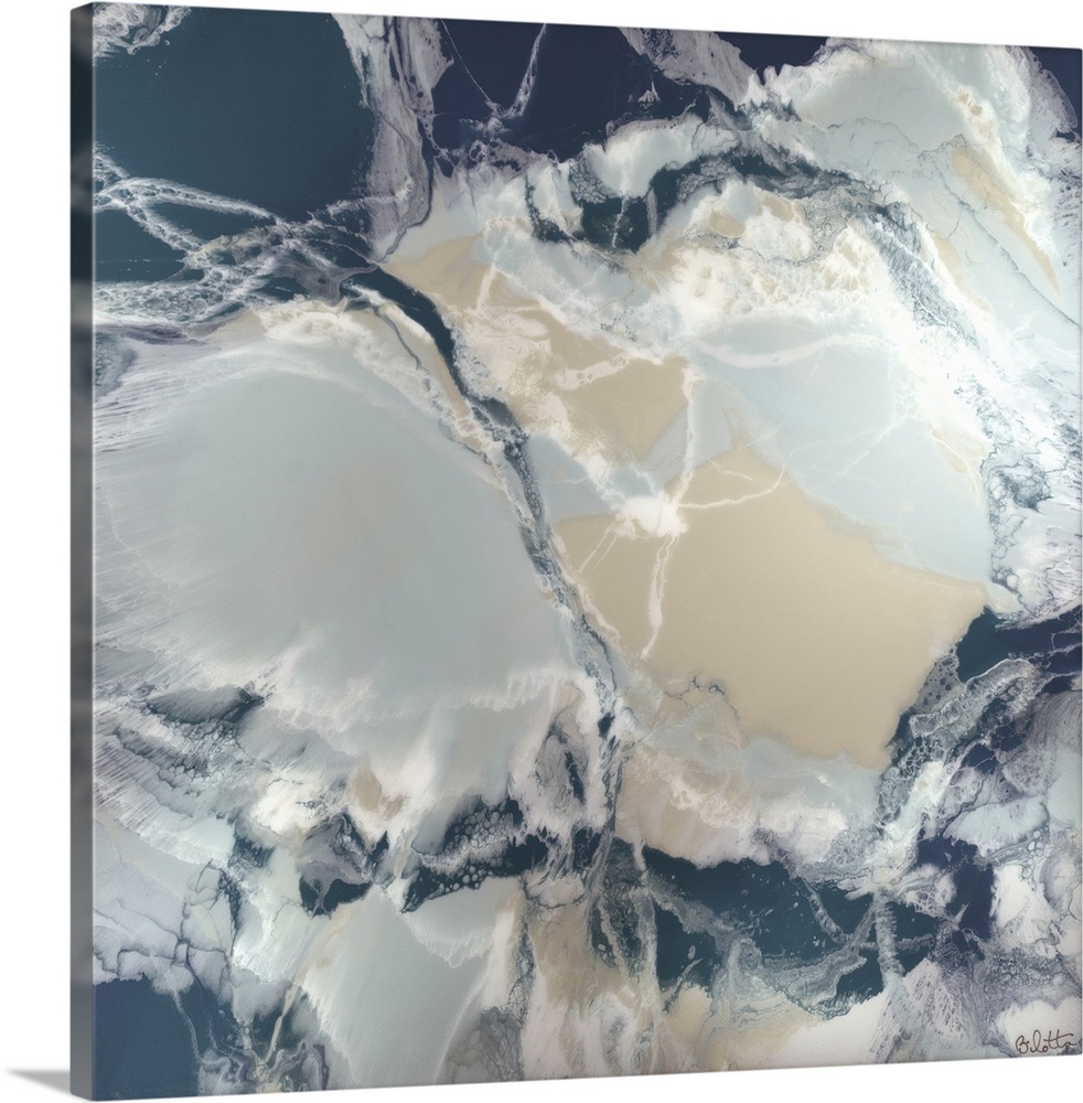 A contemporary abstract painting with blue, white, and tan hues and a marbling look.