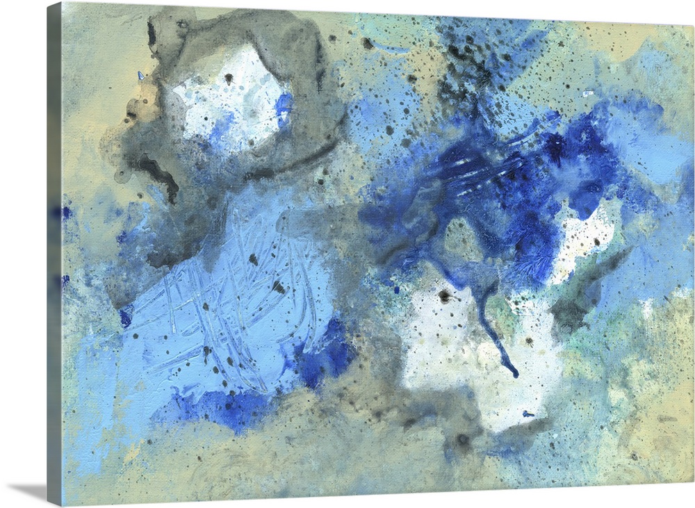 Contemporary abstract painting made of splattered shapes in cool tones.