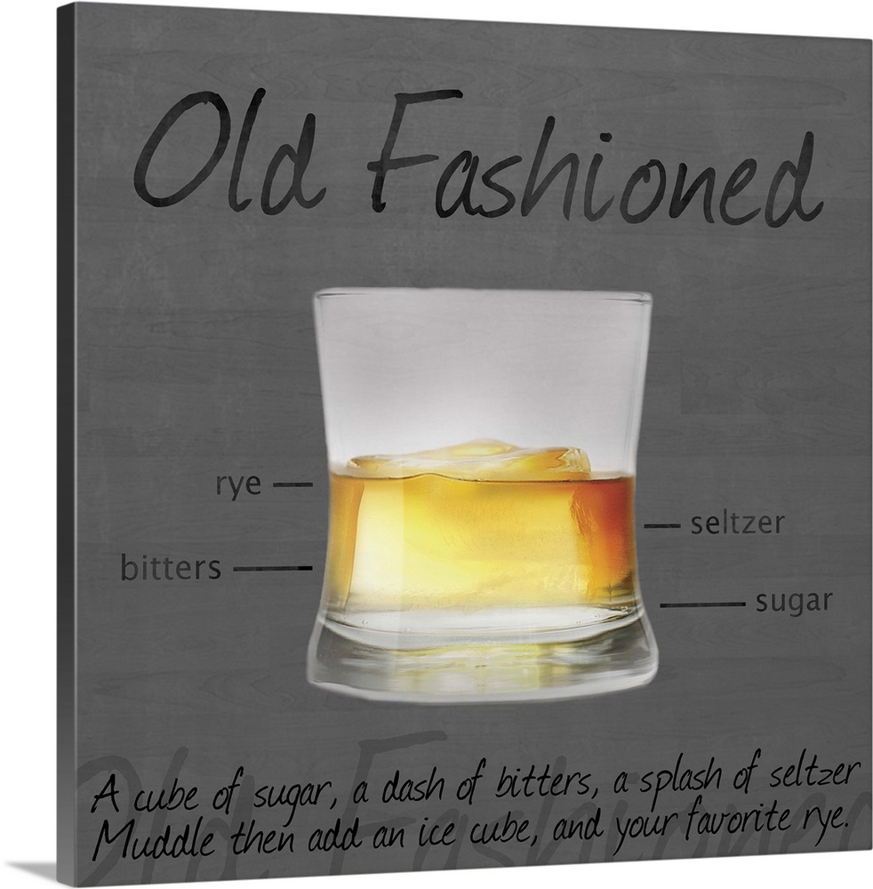 Artwork of an old fashioned, showing the layers of ingredients.