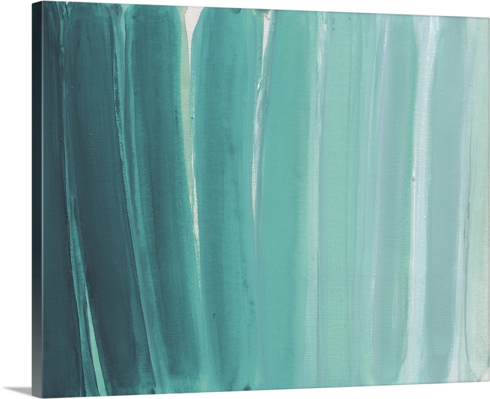 Contemporary abstract artwork made of several vertical lines in turquoise tones.